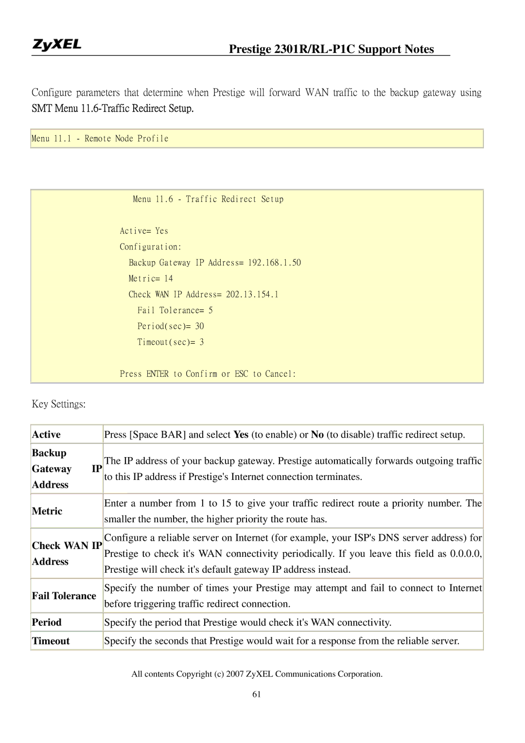 ZyXEL Communications P-2301R/RL-P1C manual SMT Menu 11.6-Traffic Redirect Setup 