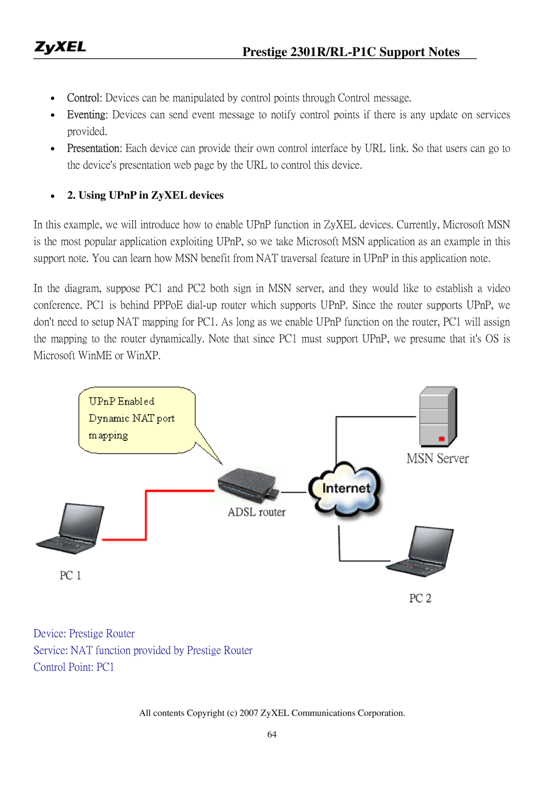 ZyXEL Communications P-2301R/RL-P1C manual Using UPnP in ZyXEL devices 