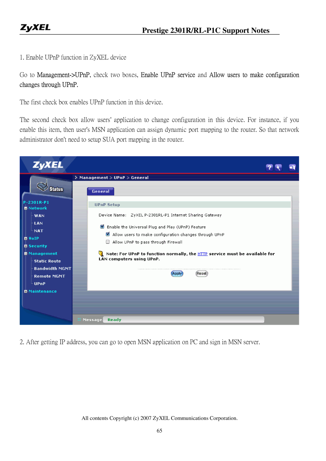 ZyXEL Communications P-2301R/RL-P1C manual Enable UPnP function in ZyXEL device 