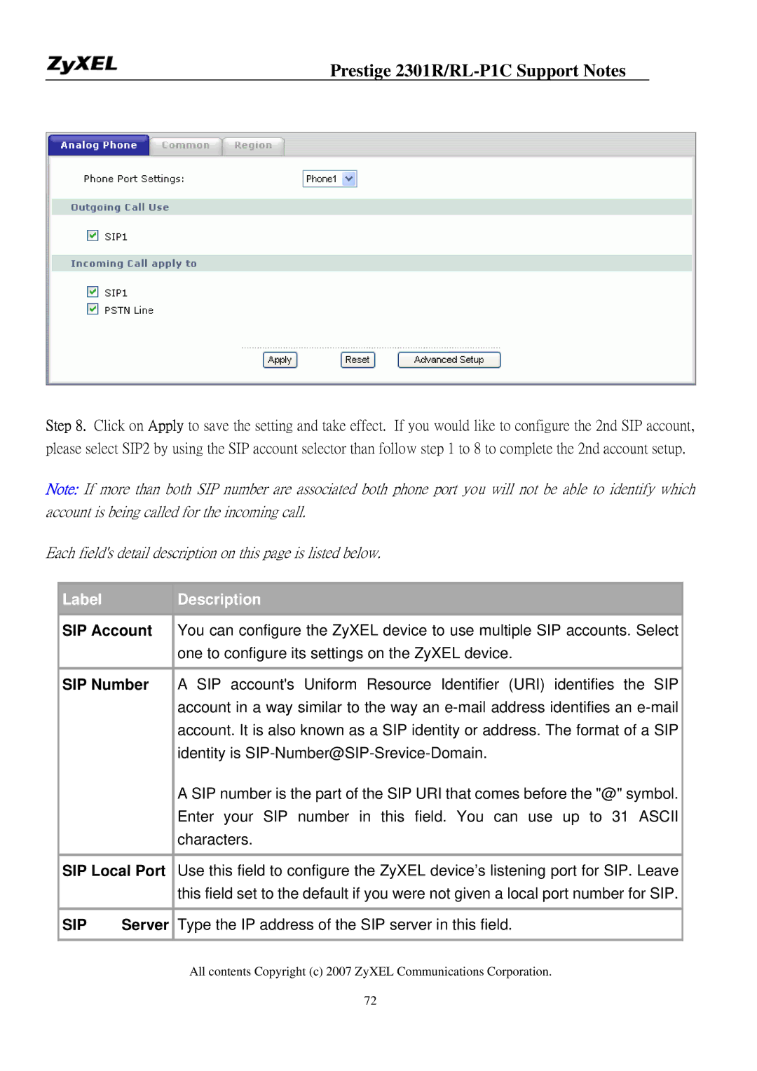 ZyXEL Communications P-2301R/RL-P1C manual SIP Account, SIP Number, SIP Local Port, Server 