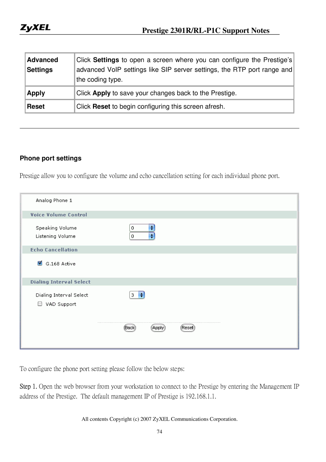 ZyXEL Communications P-2301R/RL-P1C manual Advanced, Settings, Apply, Reset, Phone port settings 