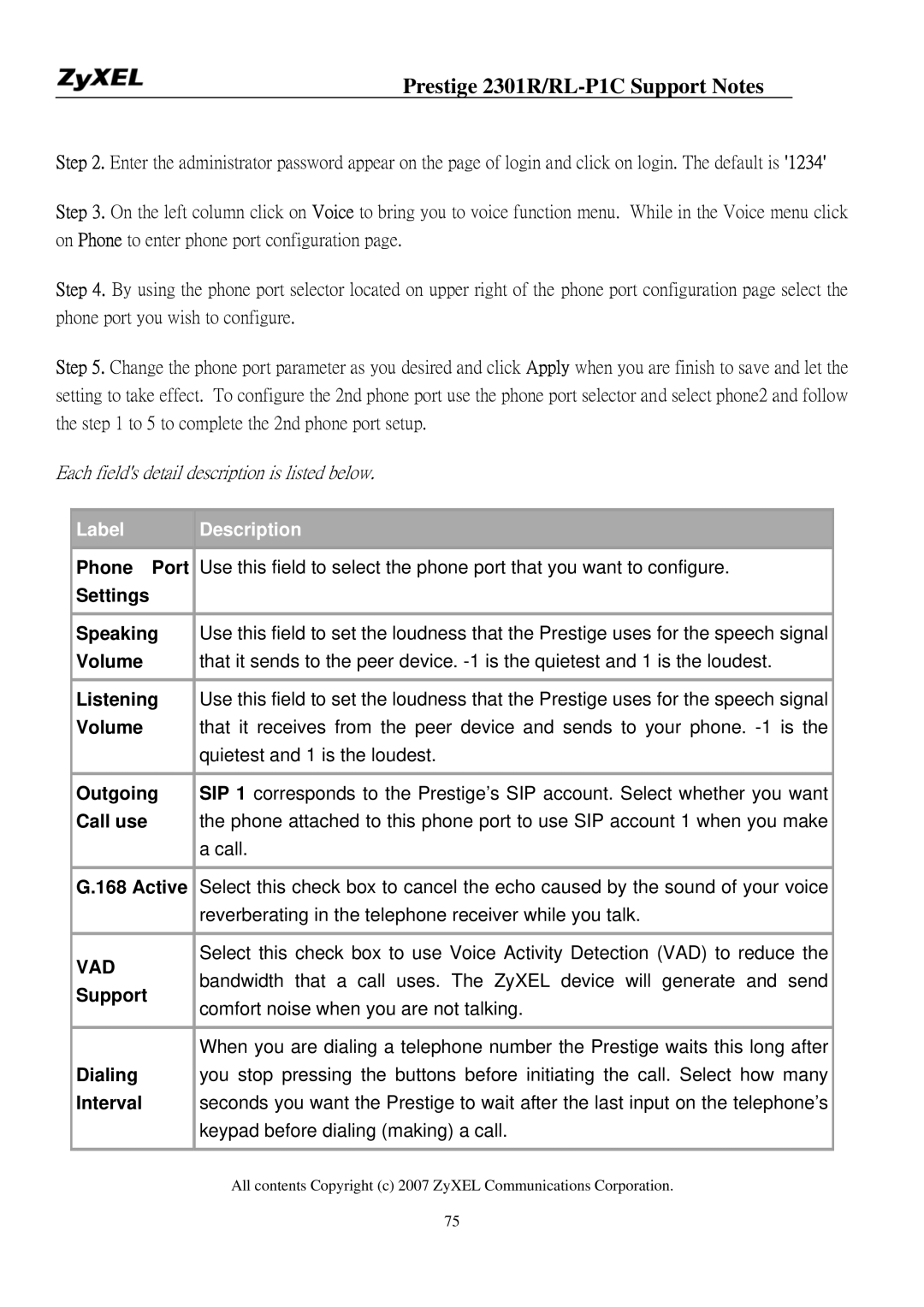 ZyXEL Communications P-2301R/RL-P1C Phone Port, Settings Speaking, Volume, Listening, Outgoing, Call use, Active, Support 