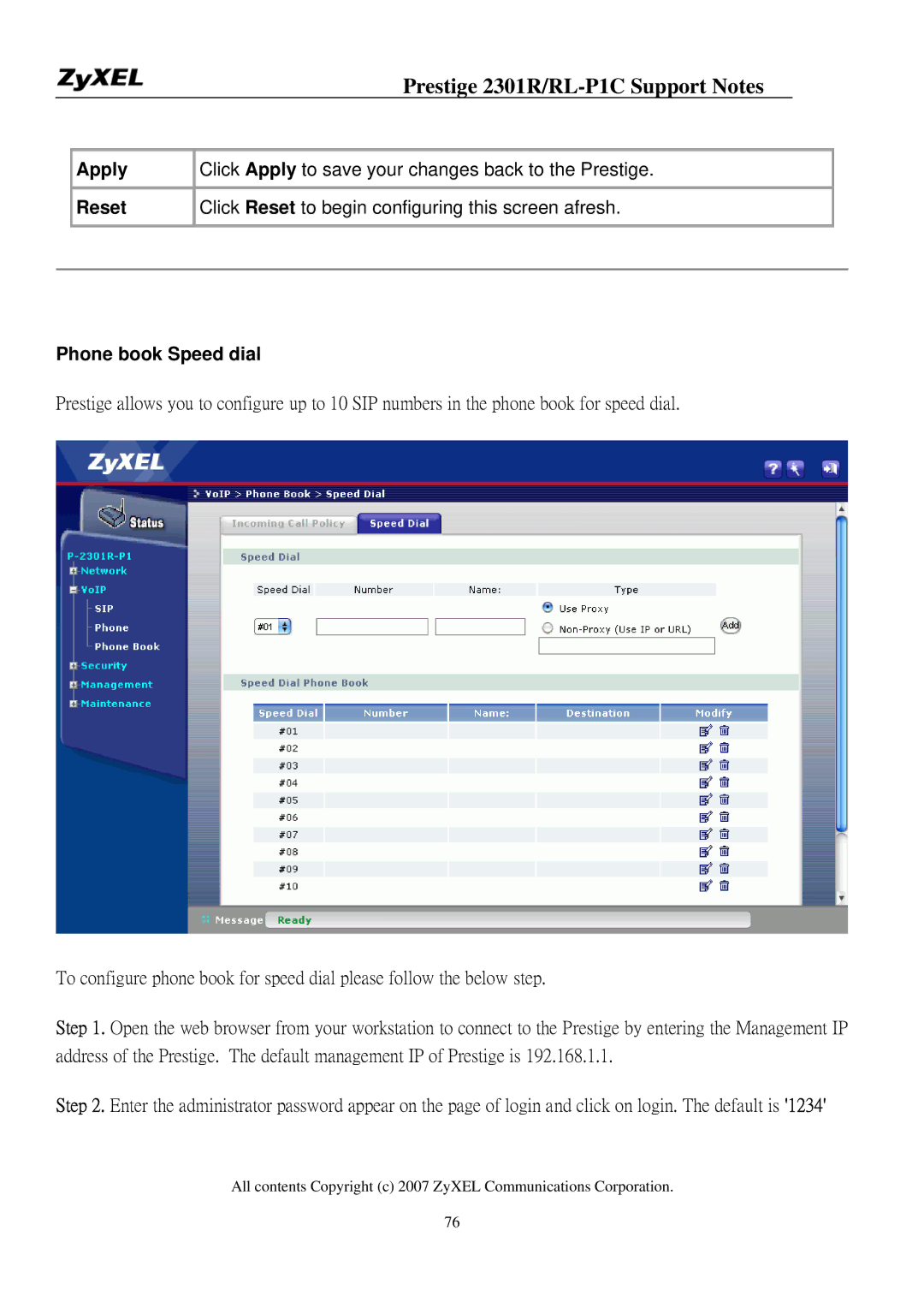 ZyXEL Communications P-2301R/RL-P1C manual Phone book Speed dial 