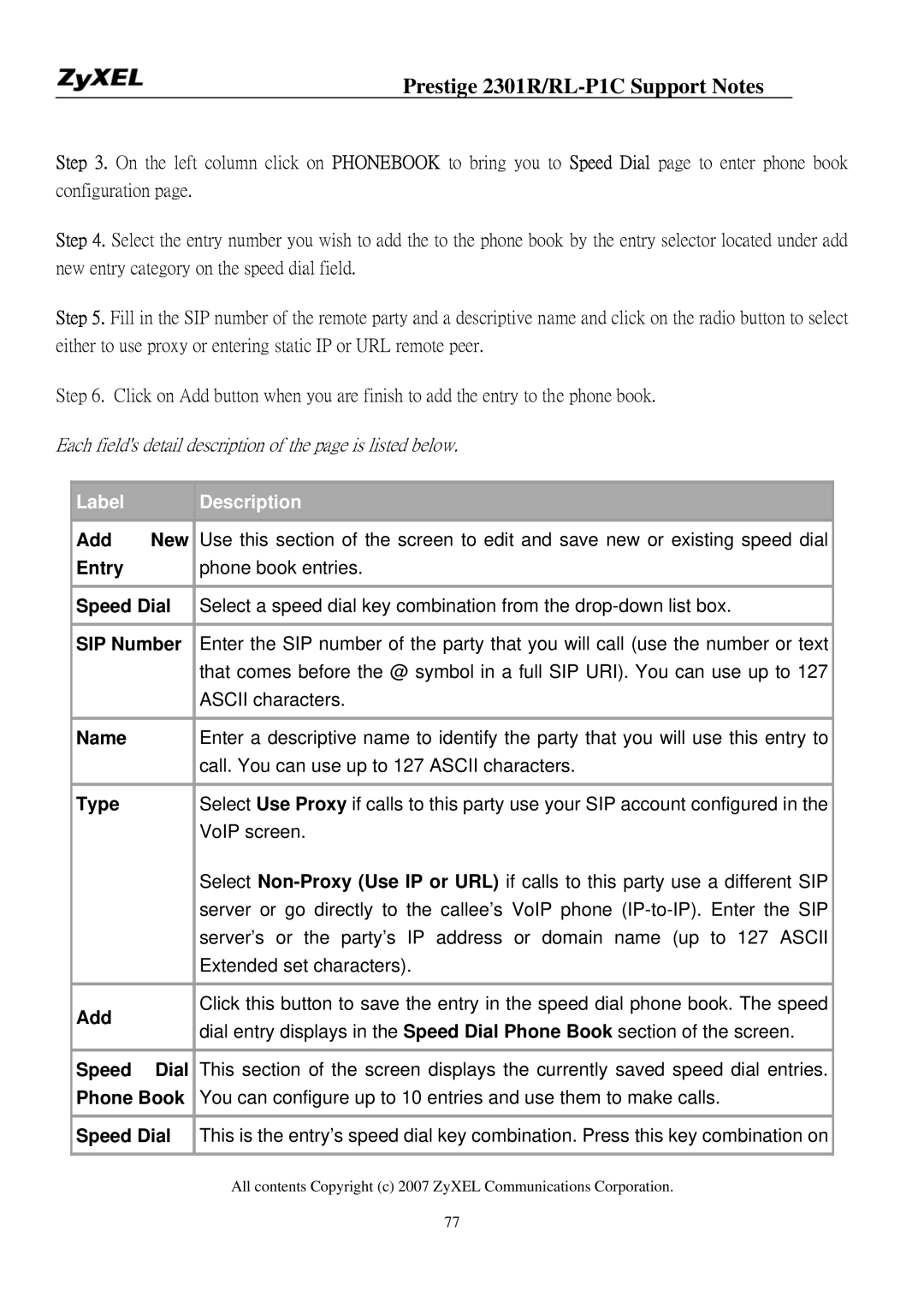 ZyXEL Communications P-2301R/RL-P1C manual Add New, Entry, Speed Dial, Name, Type, Phone Book 