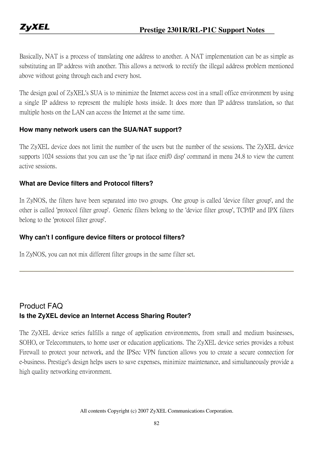 ZyXEL Communications P-2301R/RL-P1C manual How many network users can the SUA/NAT support? 