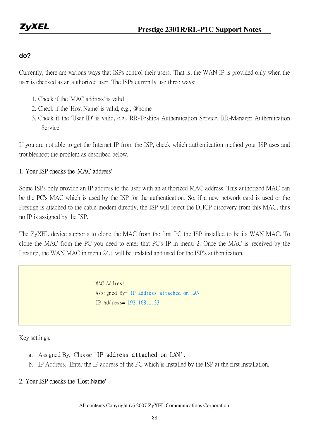 ZyXEL Communications P-2301R/RL-P1C manual Do?, Your ISP checks the MAC address, Your ISP checks the Host Name 