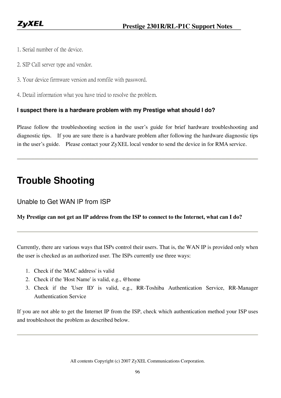 ZyXEL Communications P-2301R/RL-P1C manual Trouble Shooting 