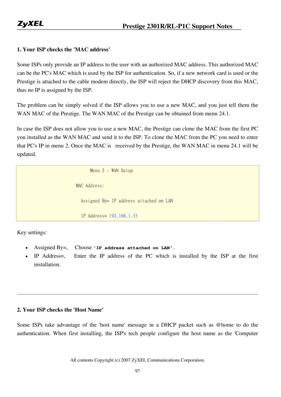 ZyXEL Communications P-2301R/RL-P1C manual Your ISP checks the MAC address, Your ISP checks the Host Name 