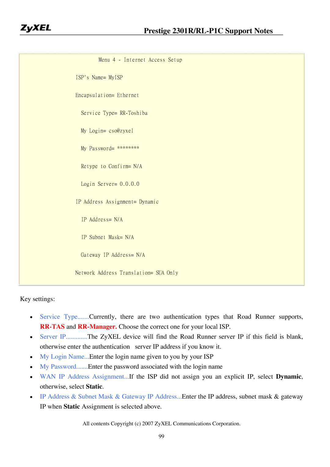 ZyXEL Communications P-2301R/RL-P1C manual Prestige 2301R/RL-P1C Support Notes 