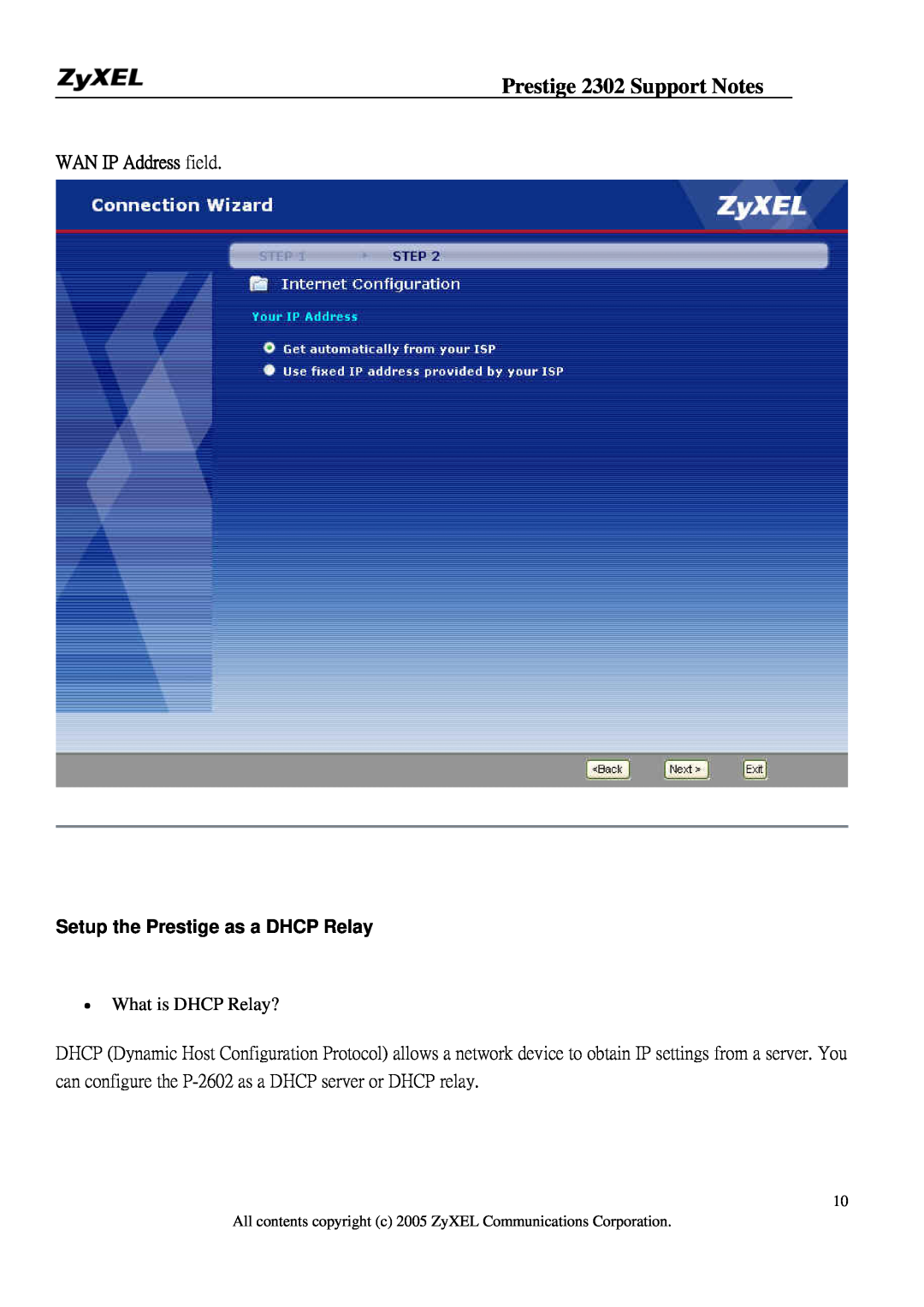 ZyXEL Communications P-2302HW manual WAN IP Address field Setup the Prestige as a DHCP Relay, Prestige 2302 Support Notes 