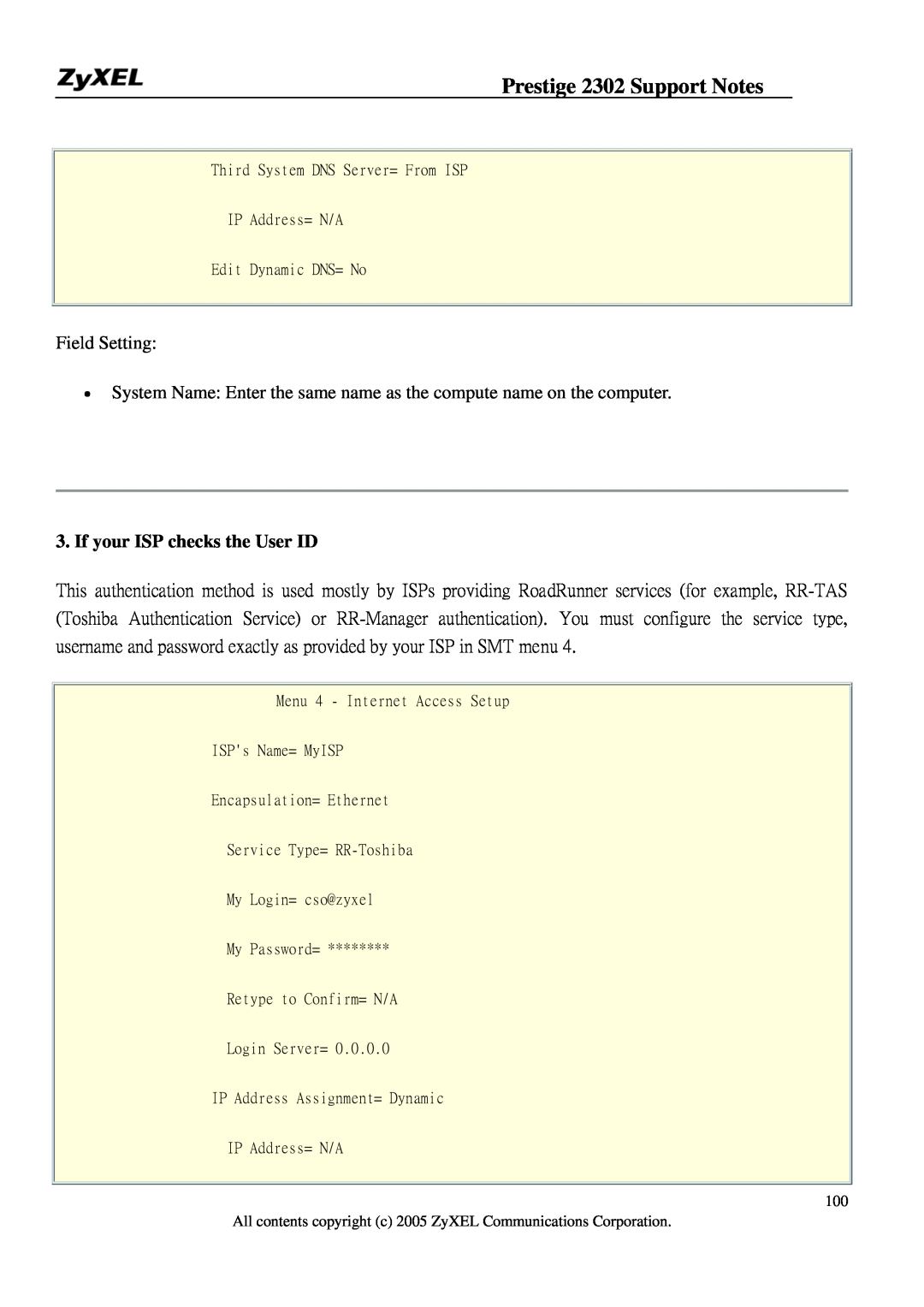 ZyXEL Communications P-2302HW manual If your ISP checks the User ID, Prestige 2302 Support Notes, Field Setting 