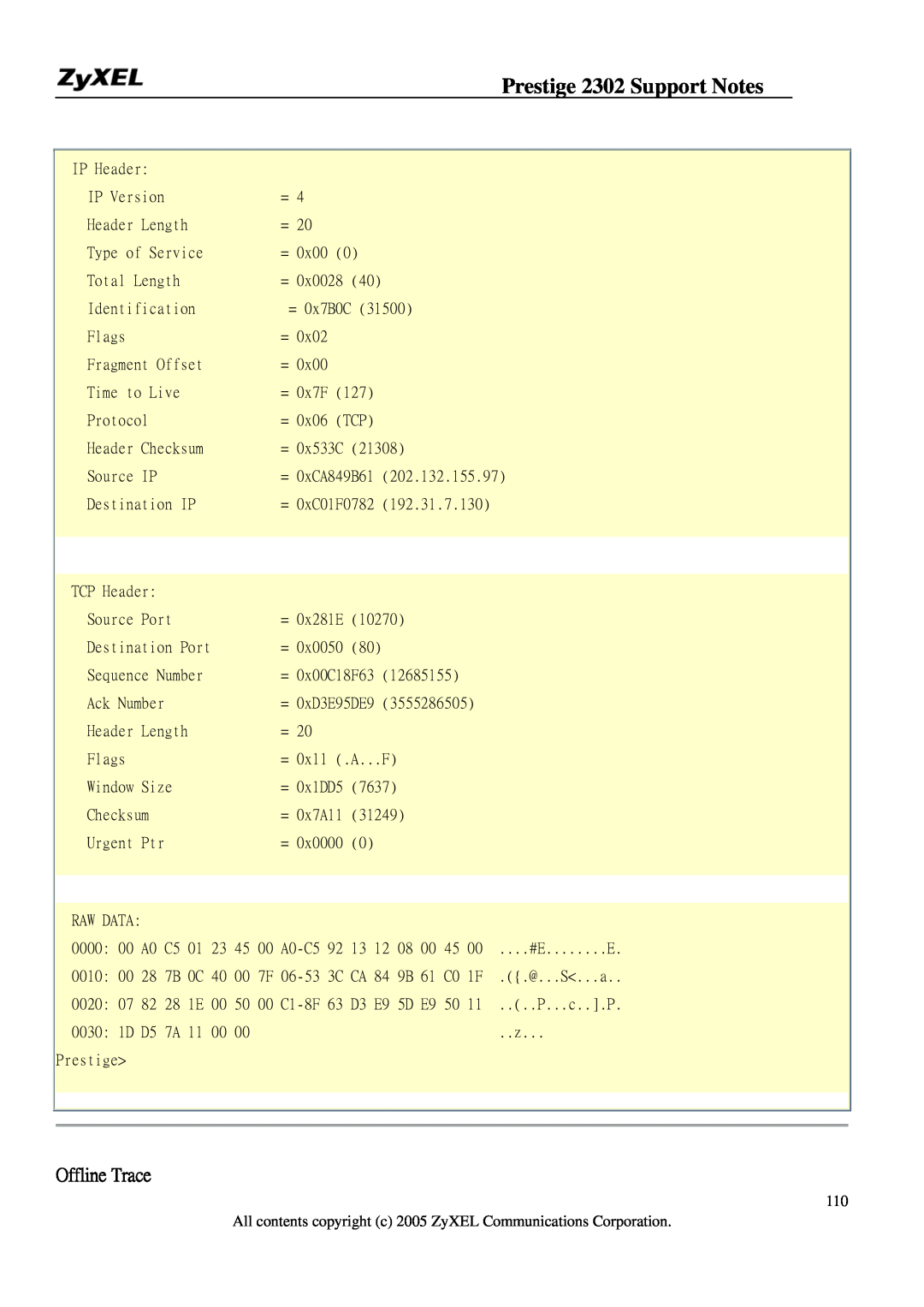 ZyXEL Communications P-2302HW manual Offline Trace, Prestige 2302 Support Notes 