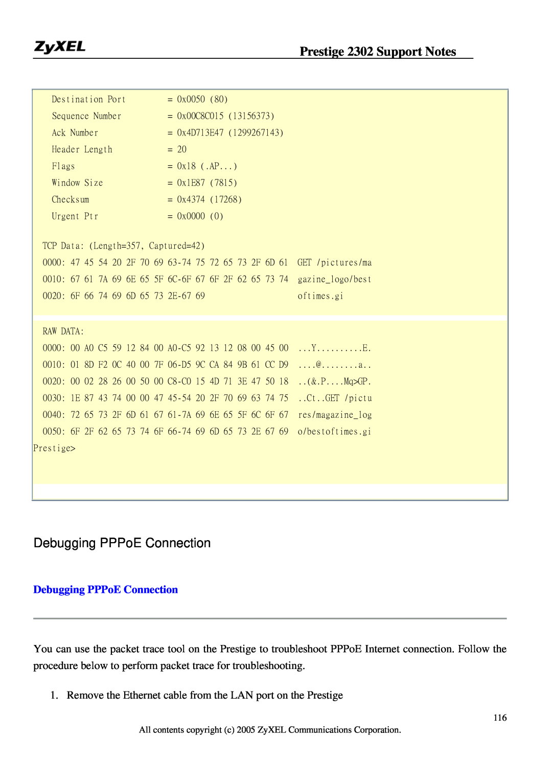 ZyXEL Communications P-2302HW manual Debugging PPPoE Connection, Prestige 2302 Support Notes 
