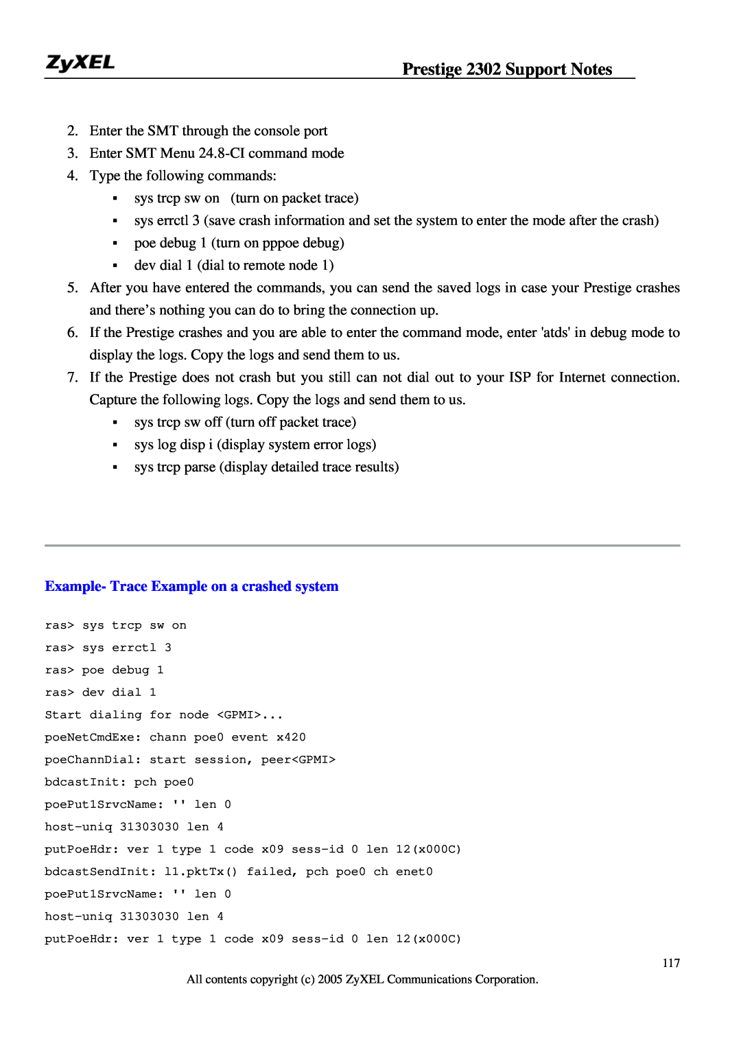 ZyXEL Communications P-2302HW manual Example- Trace Example on a crashed system, Prestige 2302 Support Notes 