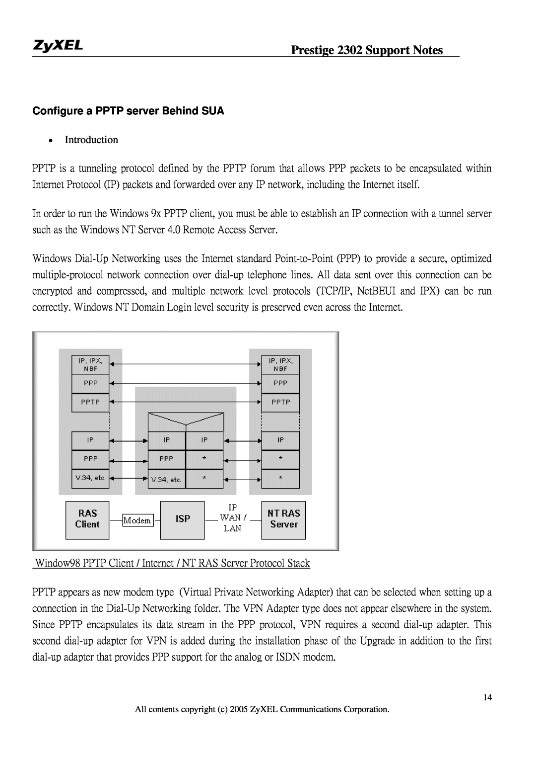 ZyXEL Communications P-2302HW manual Configure a PPTP server Behind SUA, Prestige 2302 Support Notes 