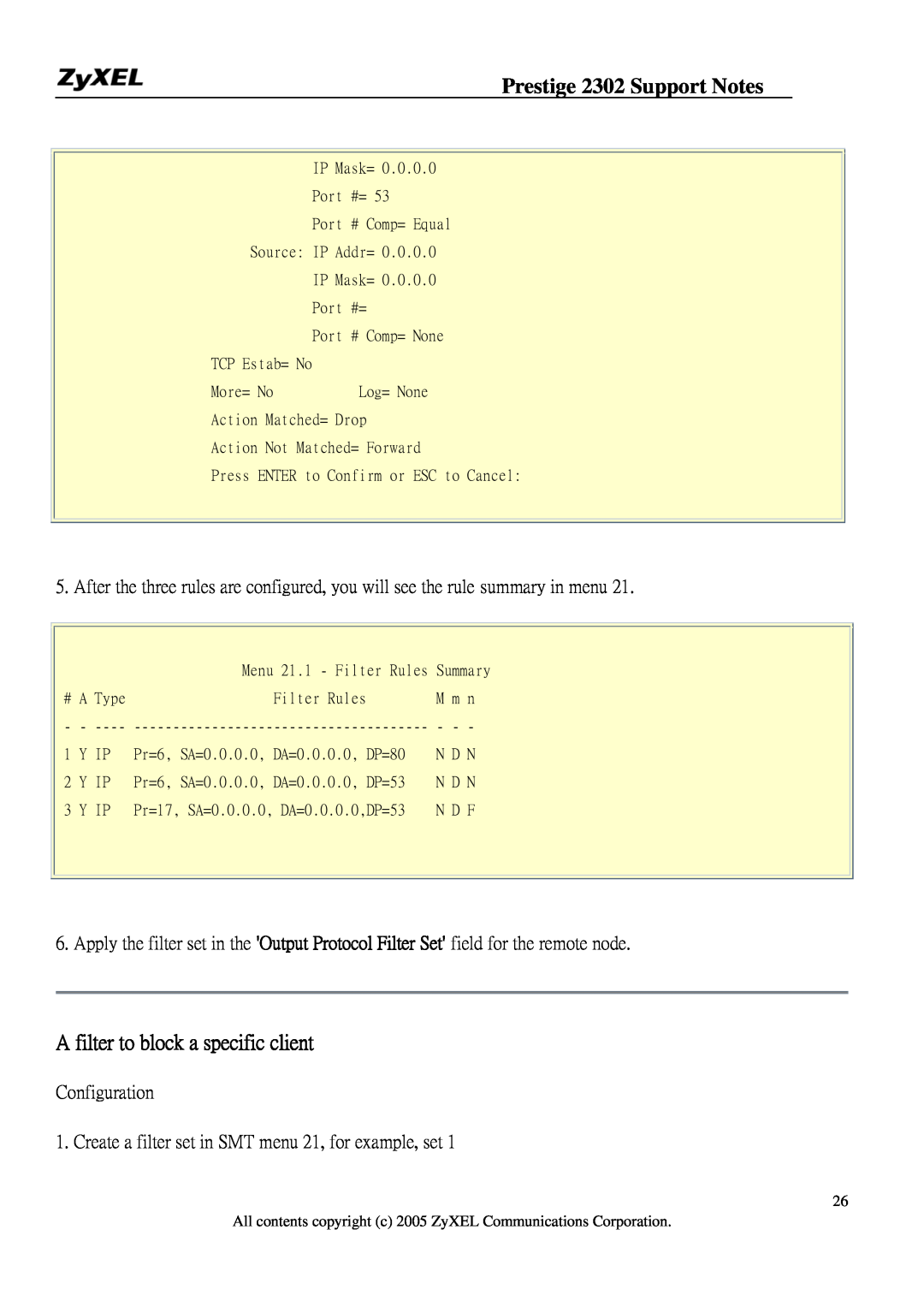 ZyXEL Communications P-2302HW manual A filter to block a specific client, Prestige 2302 Support Notes 