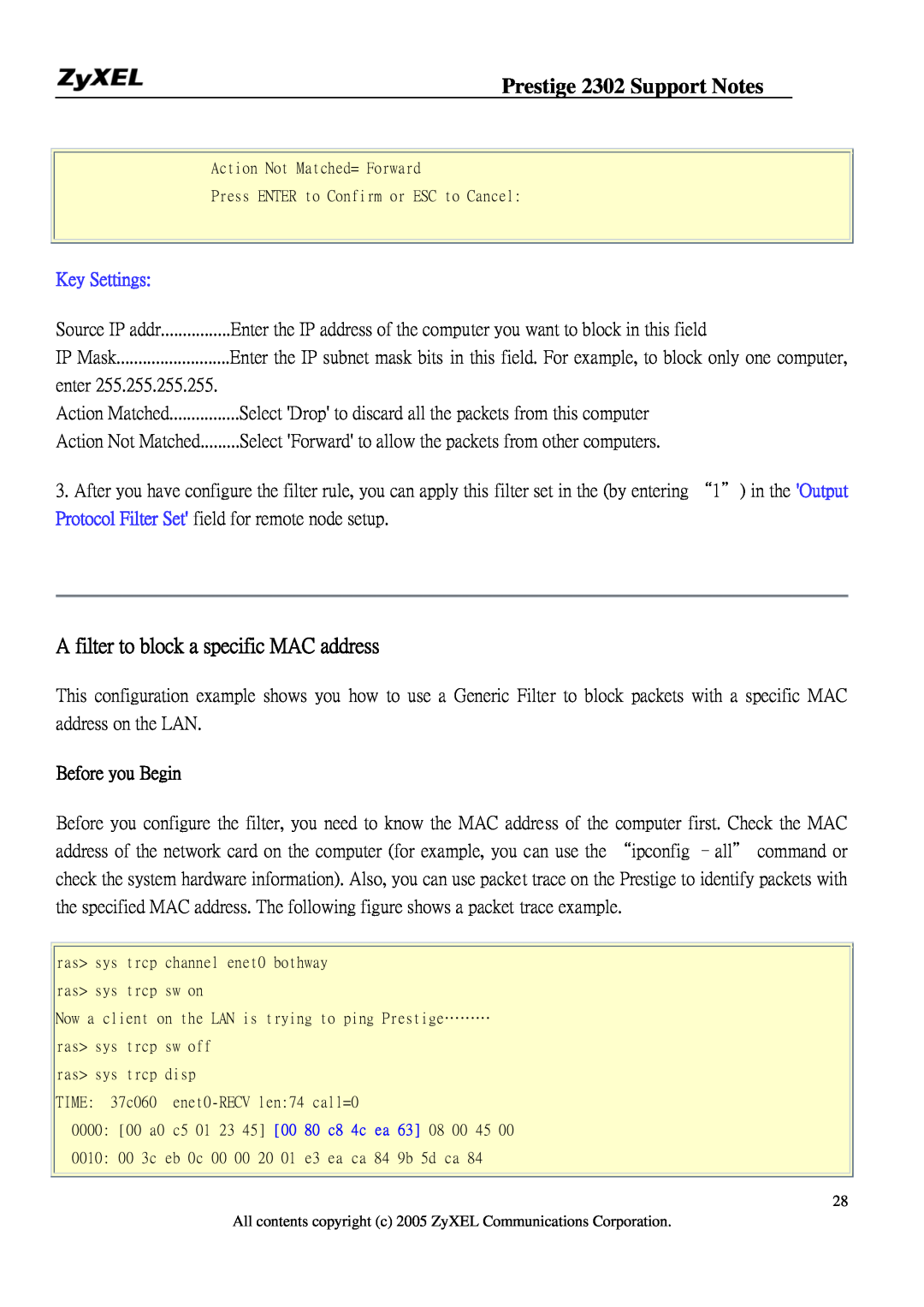 ZyXEL Communications P-2302HW manual A filter to block a specific MAC address, Key Settings, Before you Begin 