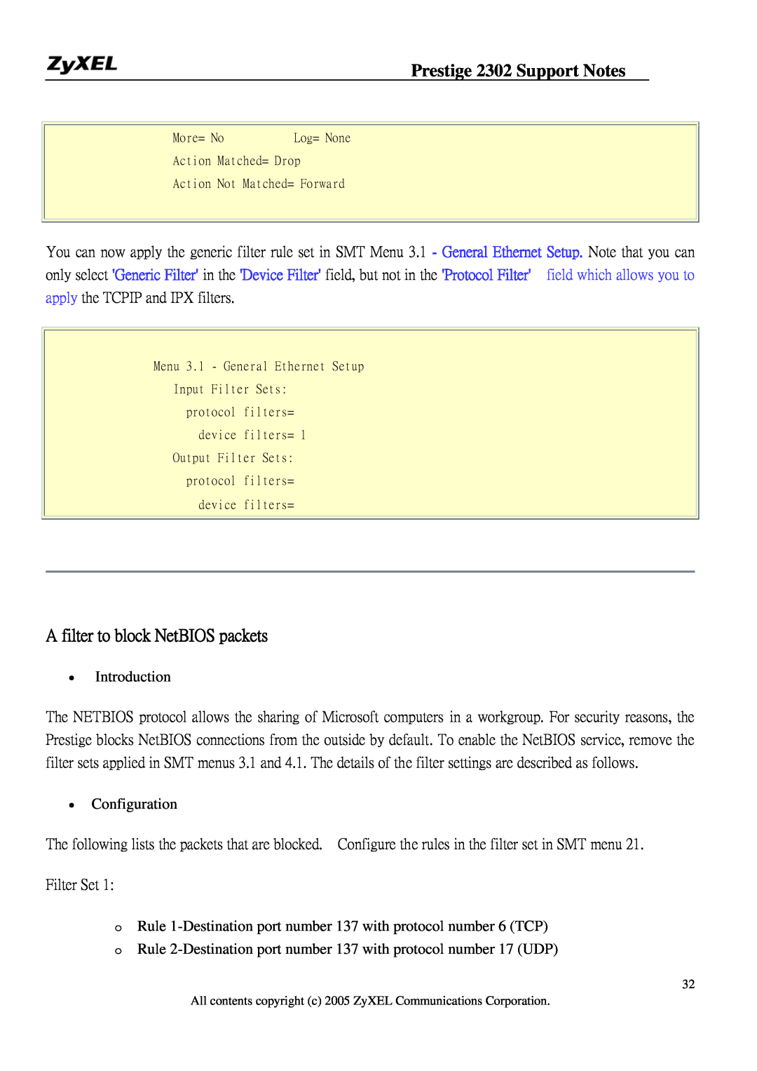 ZyXEL Communications P-2302HW manual A filter to block NetBIOS packets, Prestige 2302 Support Notes 