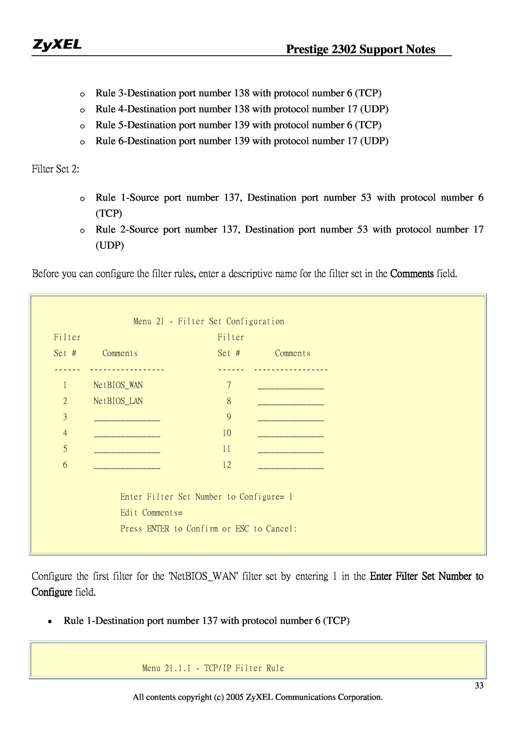 ZyXEL Communications P-2302HW manual Configure field, Prestige 2302 Support Notes 