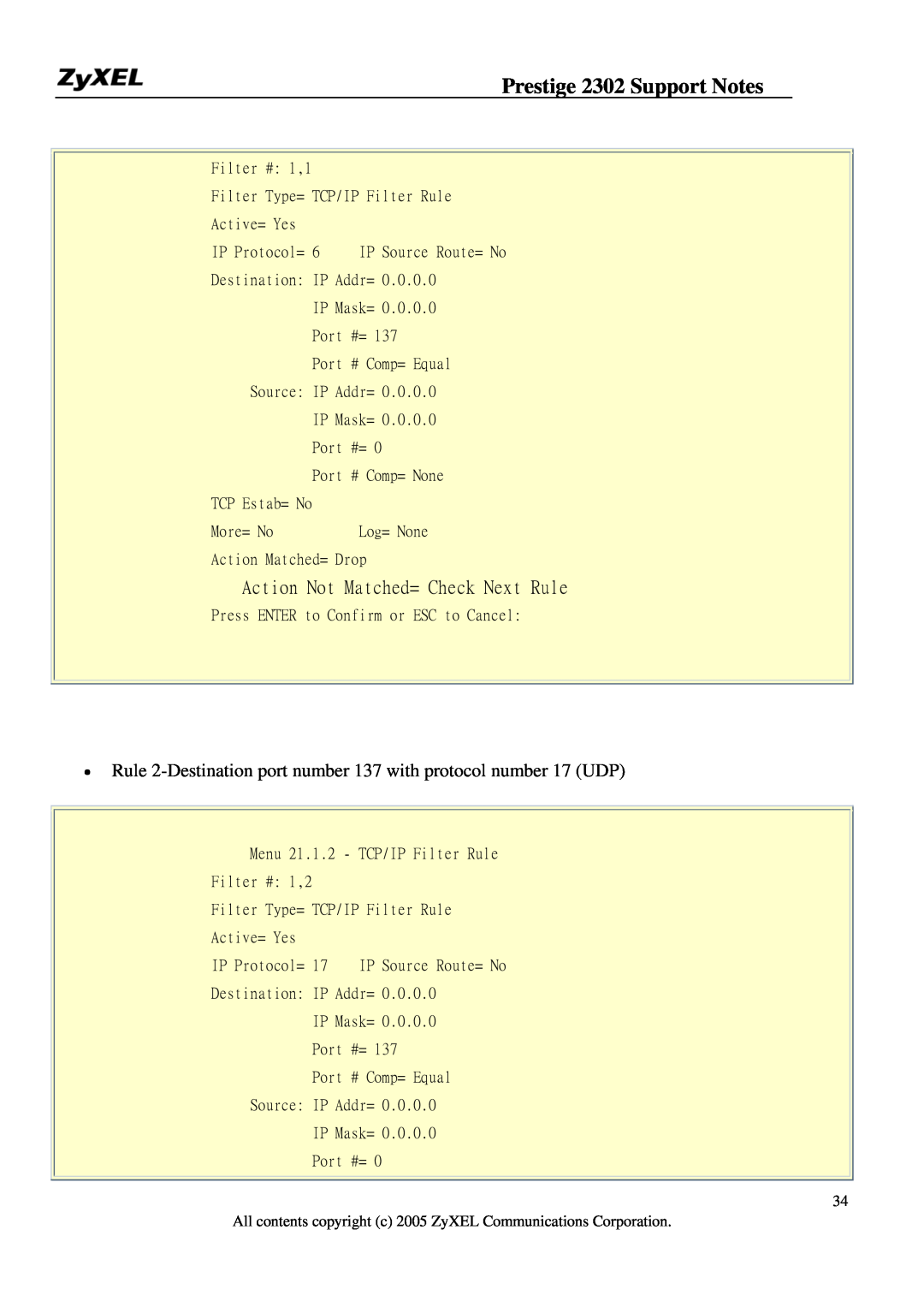 ZyXEL Communications P-2302HW manual Prestige 2302 Support Notes, Action Not Matched= Check Next Rule 