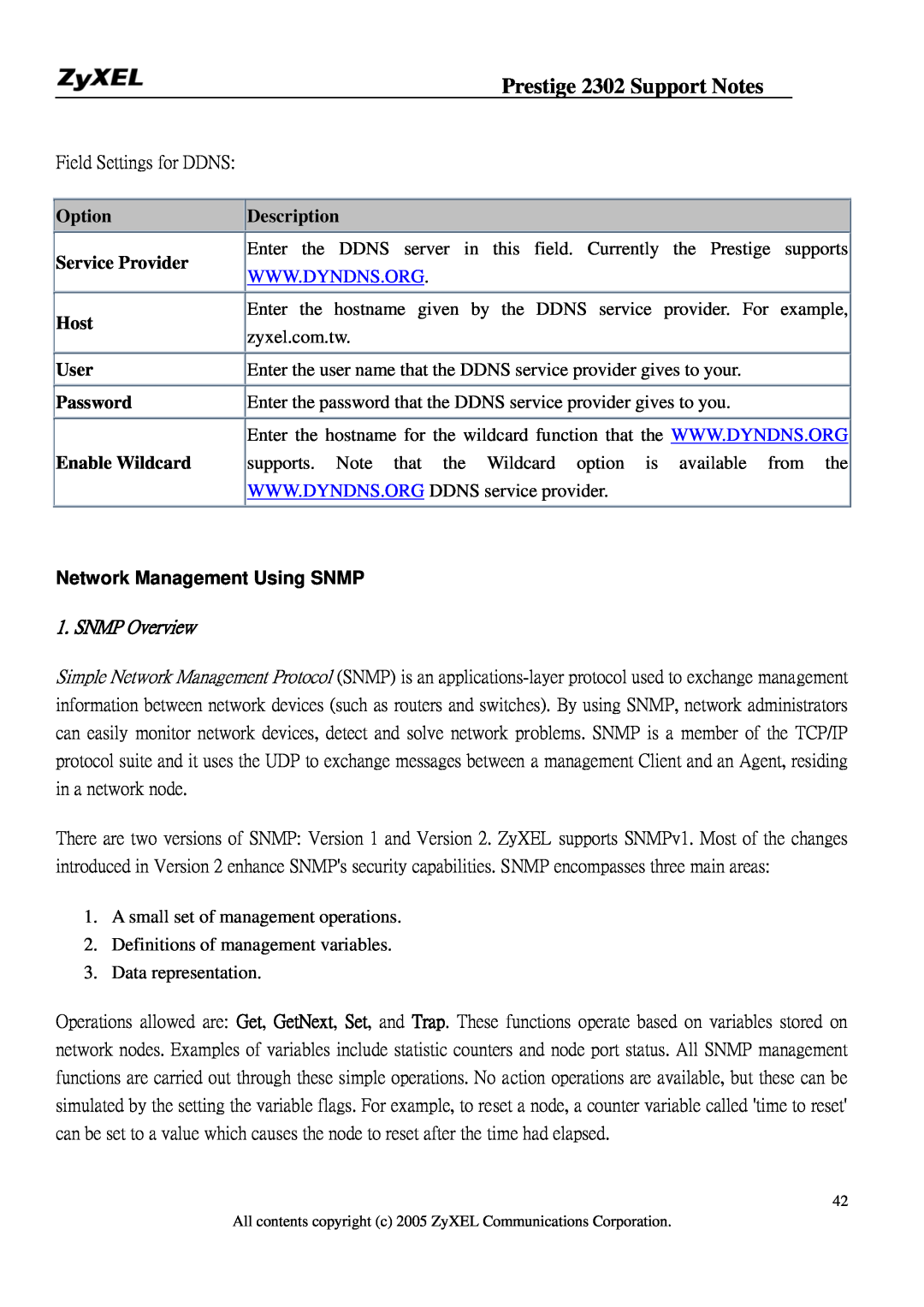 ZyXEL Communications P-2302HW Option, Description, Service Provider, Host, User, Password, Enable Wildcard, SNMP Overview 