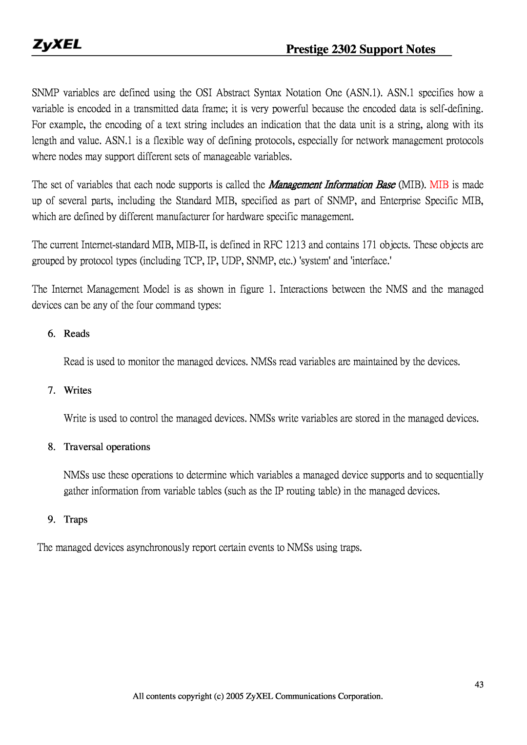 ZyXEL Communications P-2302HW manual Prestige 2302 Support Notes, Reads, Writes, Traversal operations, Traps 
