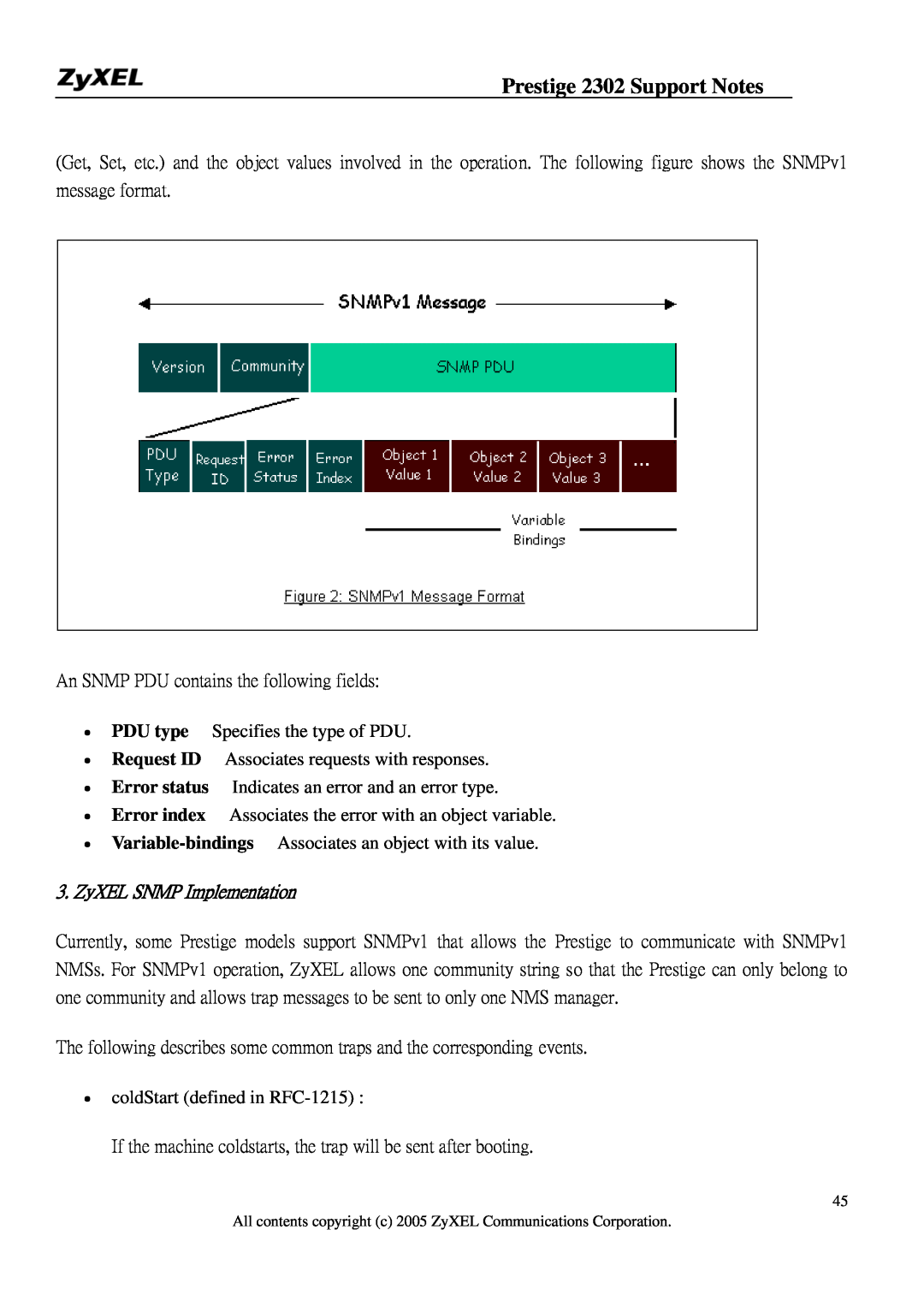 ZyXEL Communications P-2302HW manual ZyXEL SNMP Implementation, Prestige 2302 Support Notes 