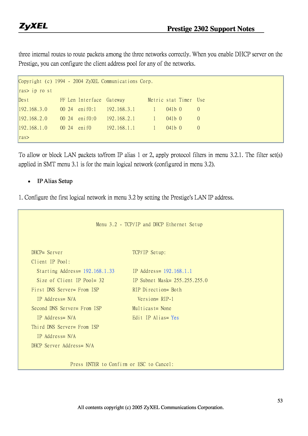 ZyXEL Communications P-2302HW manual Prestige 2302 Support Notes, IP Alias Setup, ZyXEL Communications Corp, ras ip ro st 