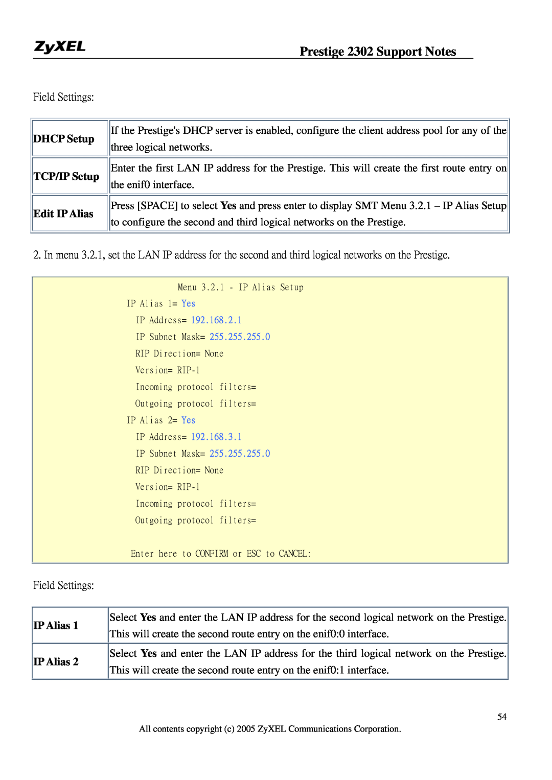 ZyXEL Communications P-2302HW manual DHCP Setup TCP/IP Setup Edit IP Alias, IP Alias IP Alias, Prestige 2302 Support Notes 