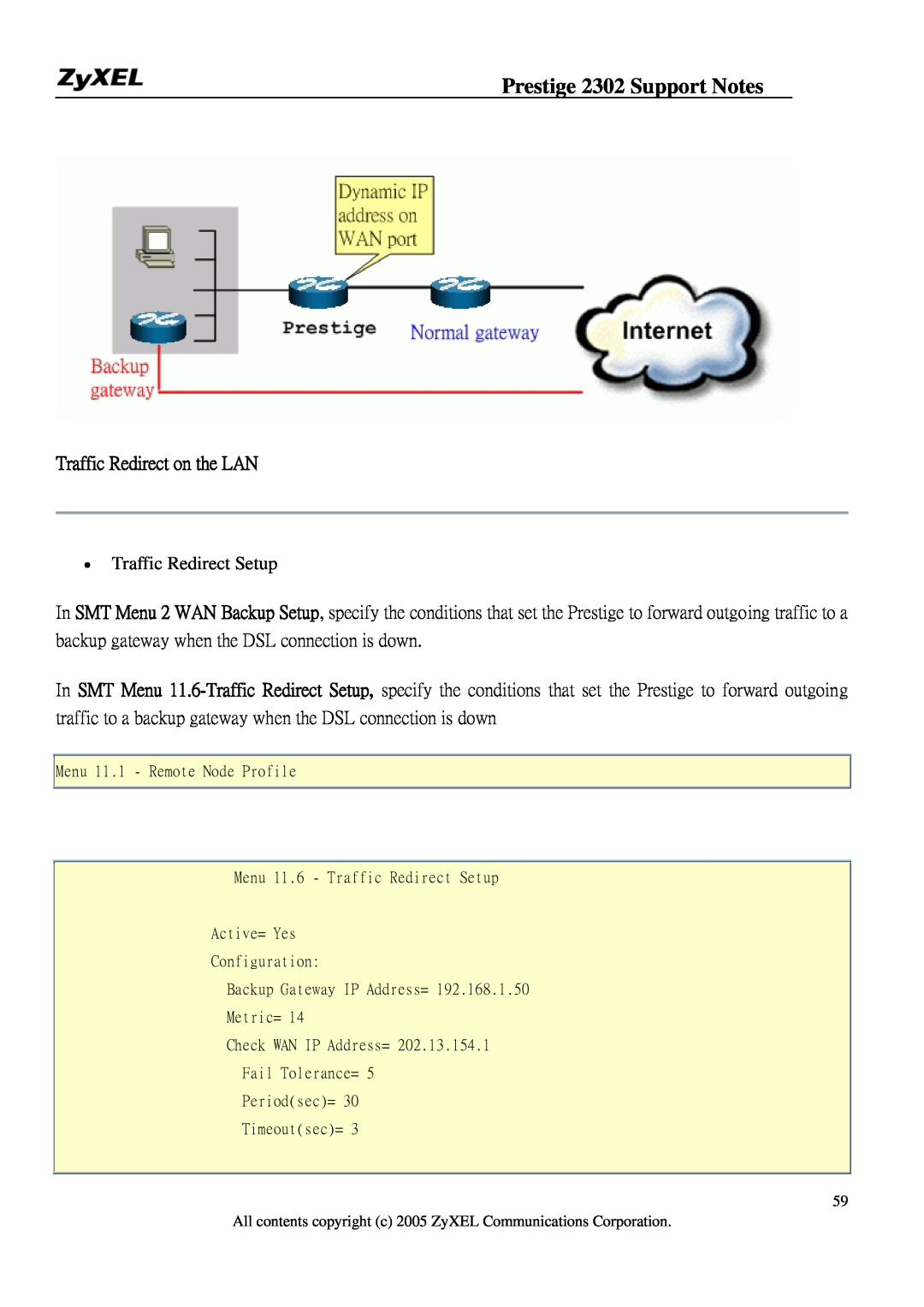 ZyXEL Communications P-2302HW manual Traffic Redirect on the LAN, Prestige 2302 Support Notes, Traffic Redirect Setup 