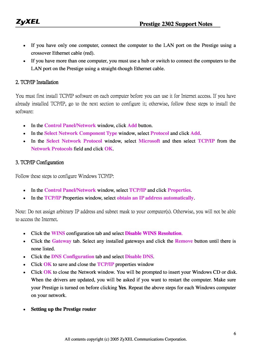 ZyXEL Communications P-2302HW manual TCP/IP Installation, TCP/IP Configuration, Setting up the Prestige router 