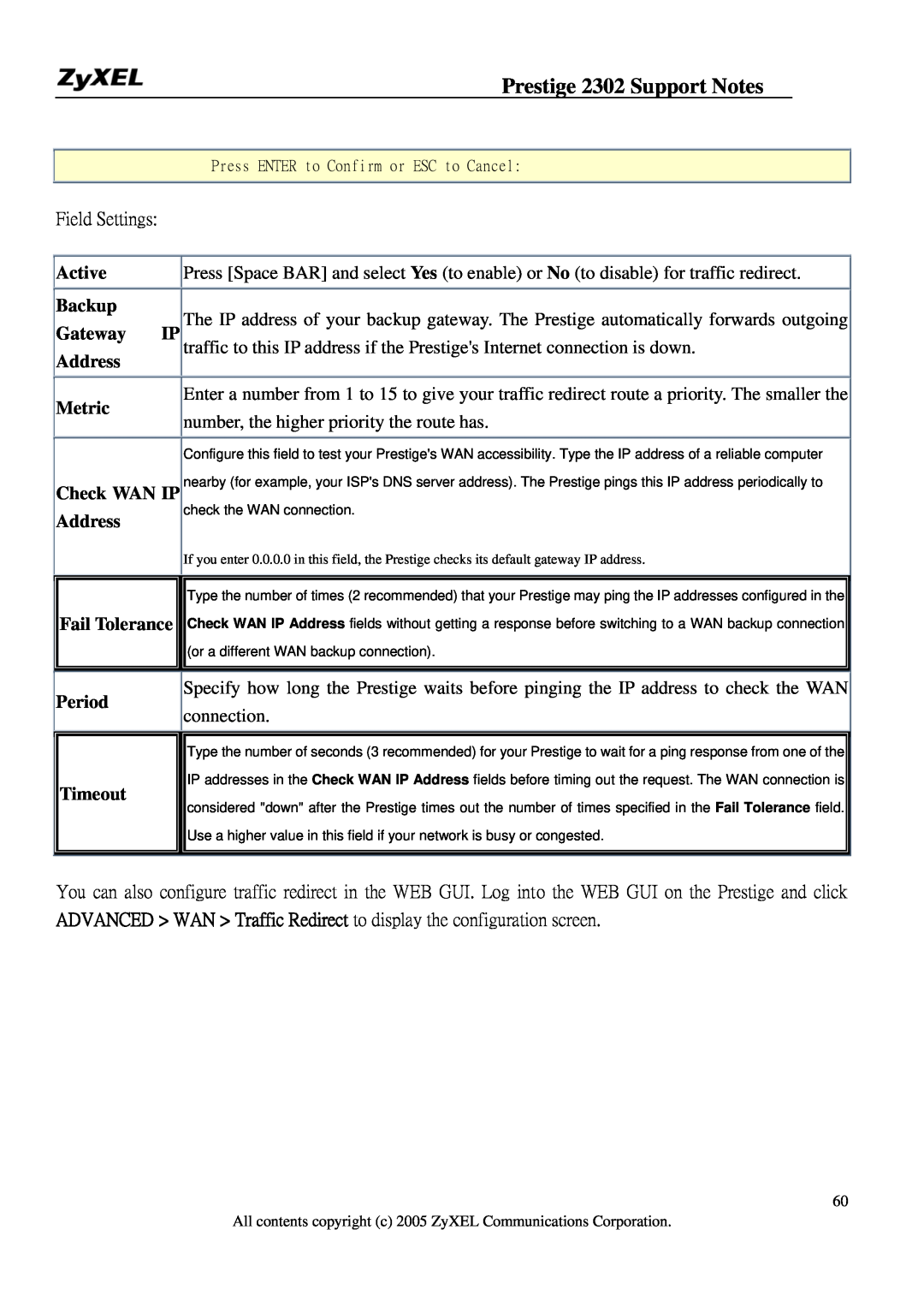 ZyXEL Communications P-2302HW Active, Backup, Gateway, Address, Metric, number, the higher priority the route has, Period 