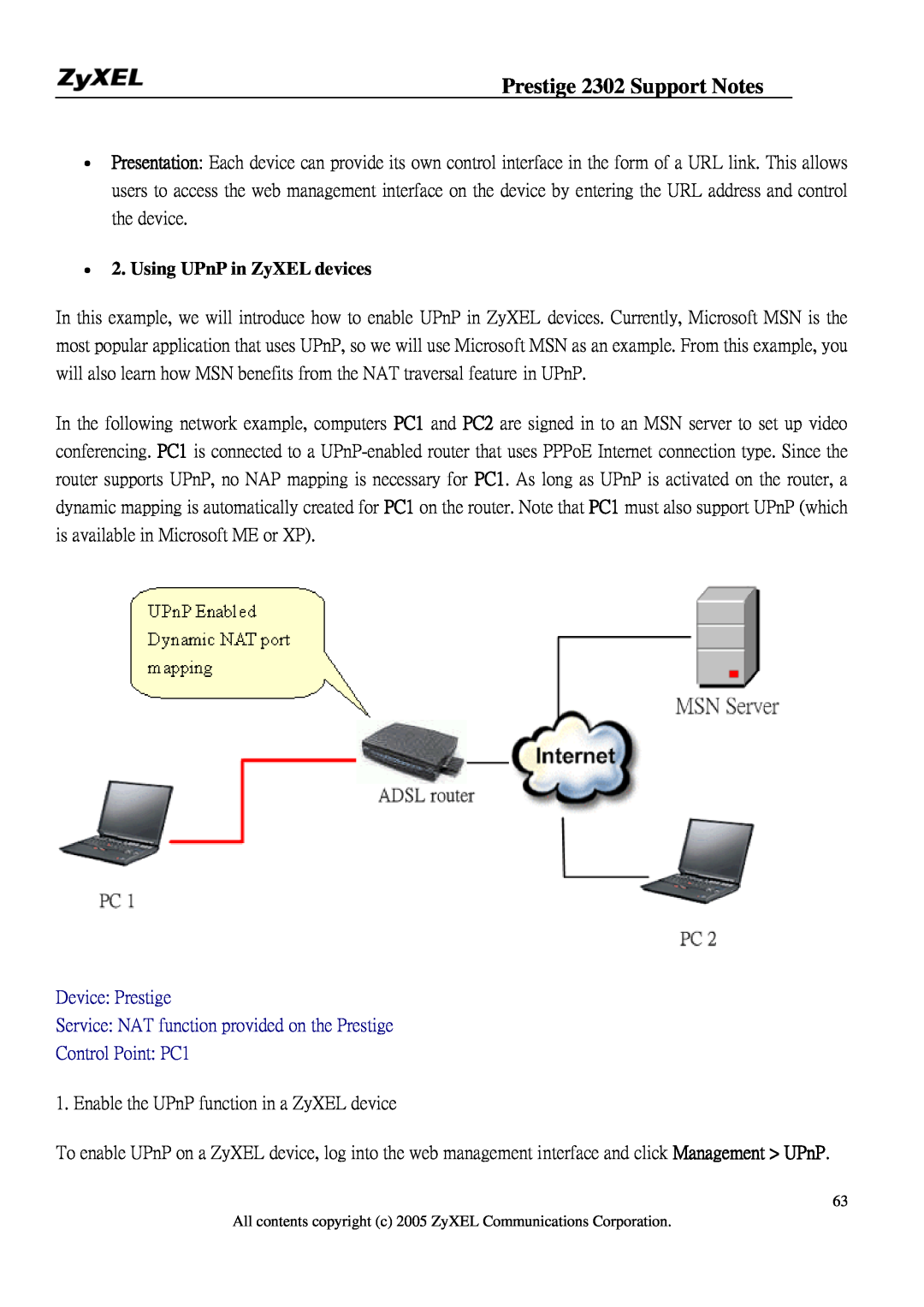 ZyXEL Communications P-2302HW manual Using UPnP in ZyXEL devices, Prestige 2302 Support Notes, Control Point PC1 