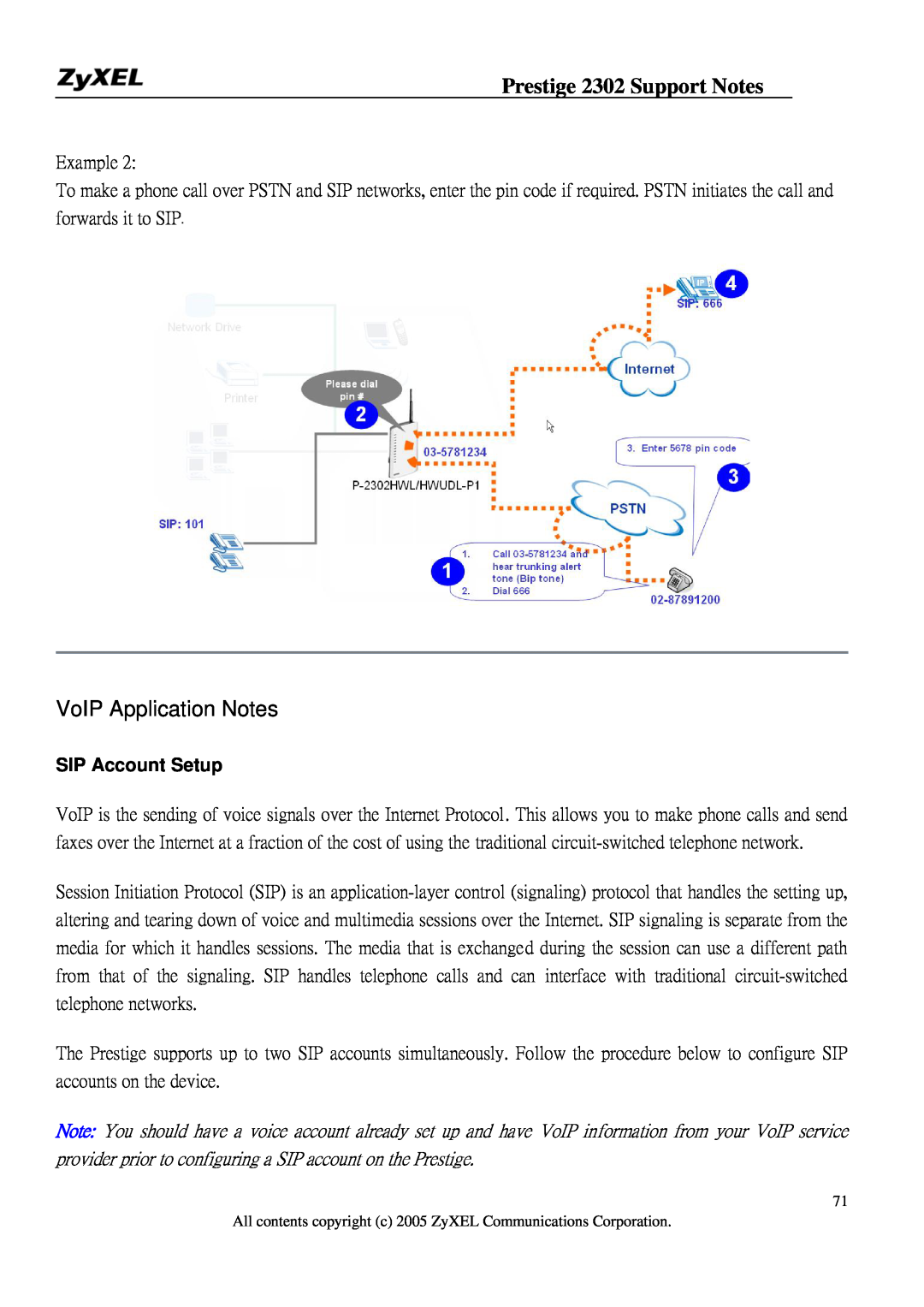 ZyXEL Communications P-2302HW manual VoIP Application Notes, SIP Account Setup, Prestige 2302 Support Notes 