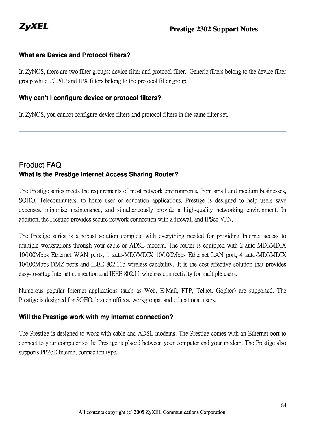 ZyXEL Communications P-2302HW manual Product FAQ, What are Device and Protocol filters?, Prestige 2302 Support Notes 