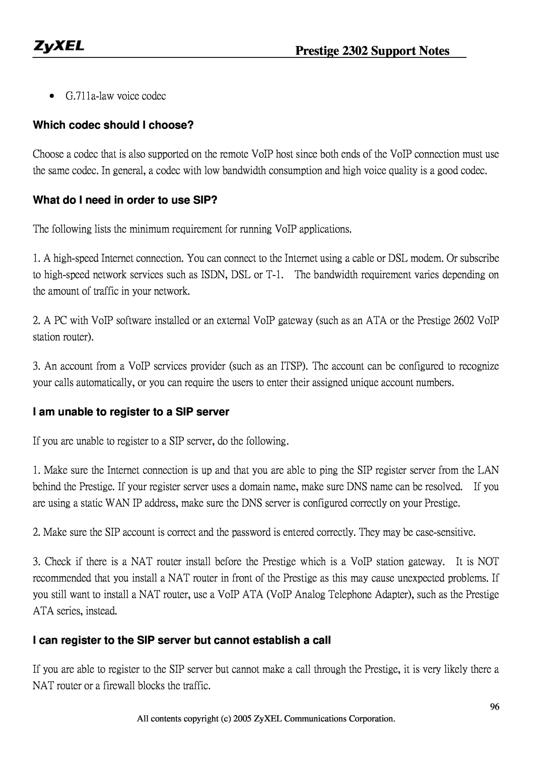 ZyXEL Communications P-2302HW manual Which codec should I choose?, What do I need in order to use SIP? 