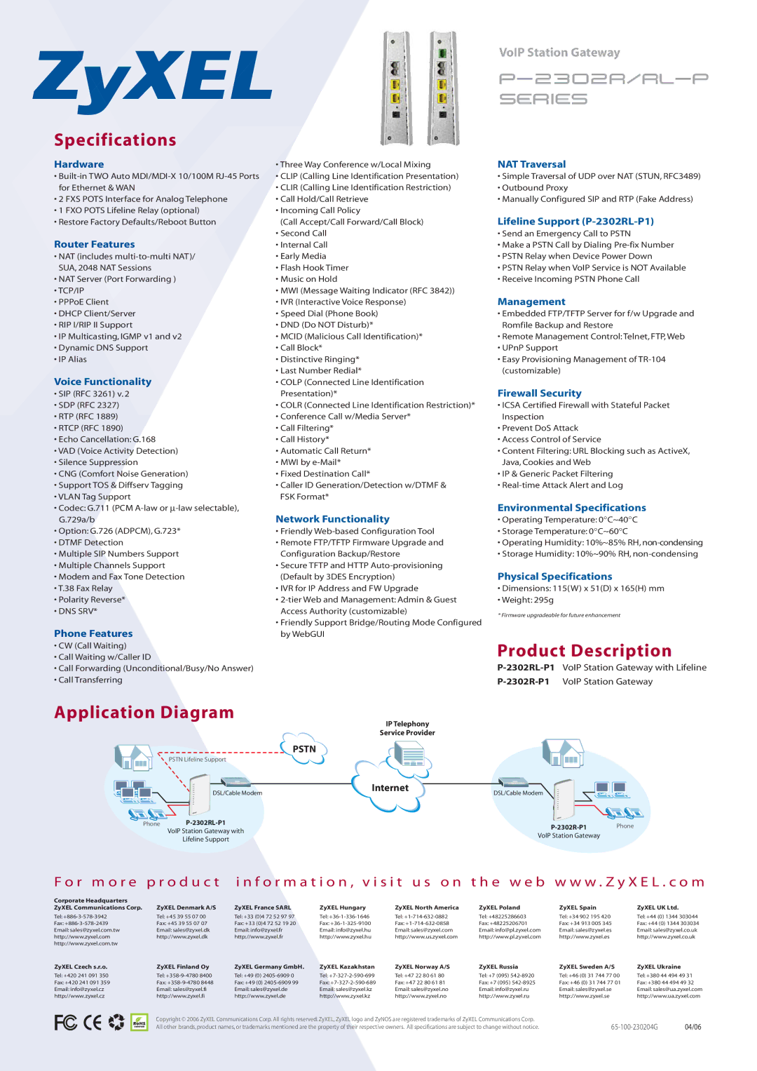 ZyXEL Communications P-2302RL-P manual Specifications, Product Description, Application Diagram 