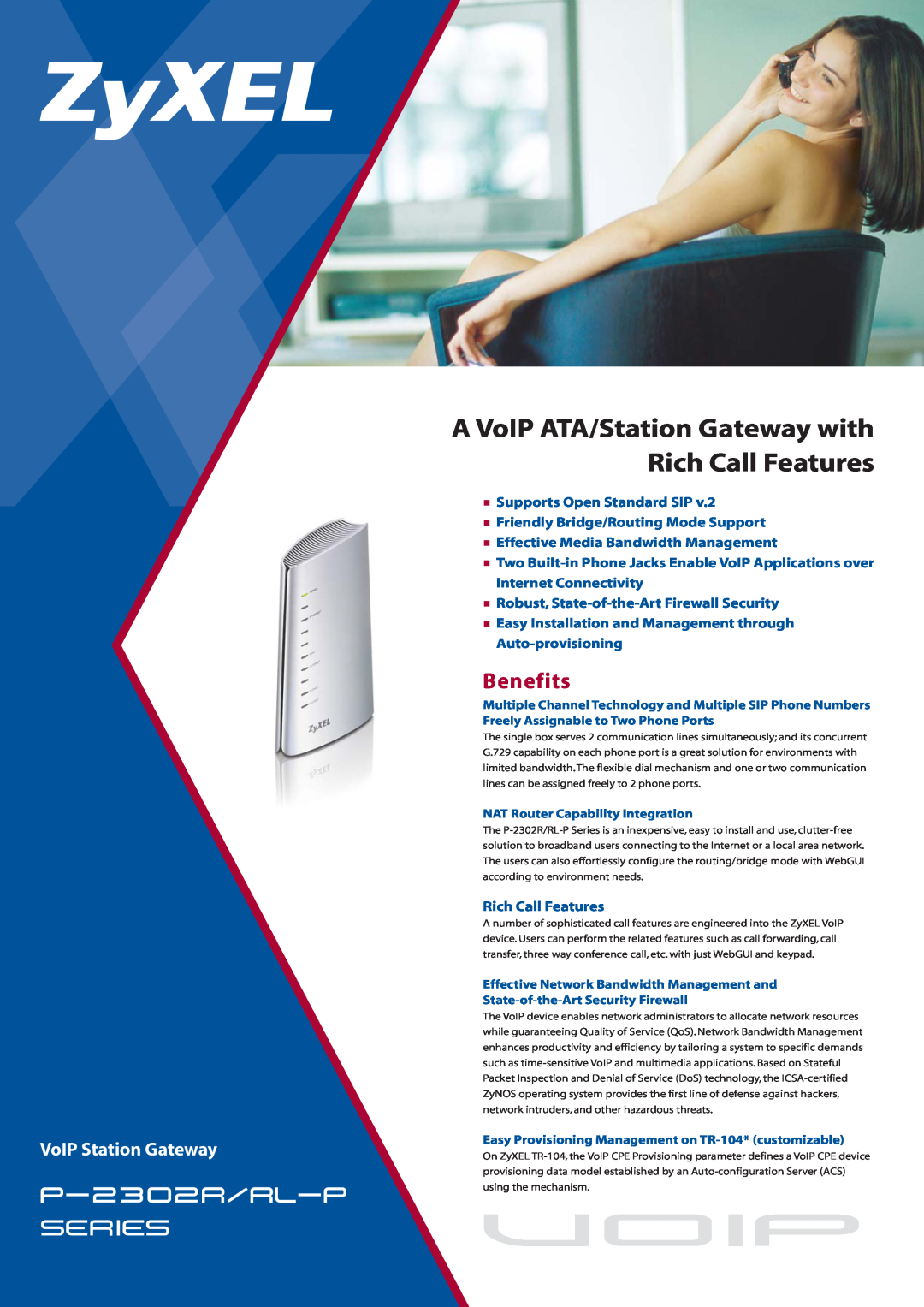 ZyXEL Communications P-2302RL-P manual Benefits, voip, A VoIP ATA/Station Gateway with Rich Call Features 