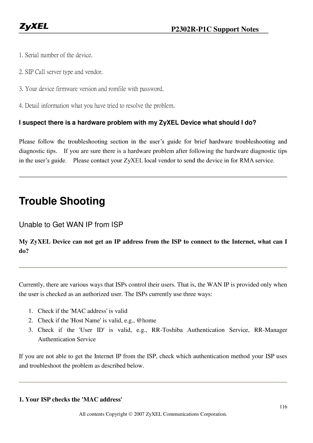 ZyXEL Communications P-2302R-P1C manual Trouble Shooting, Your ISP checks the MAC address 