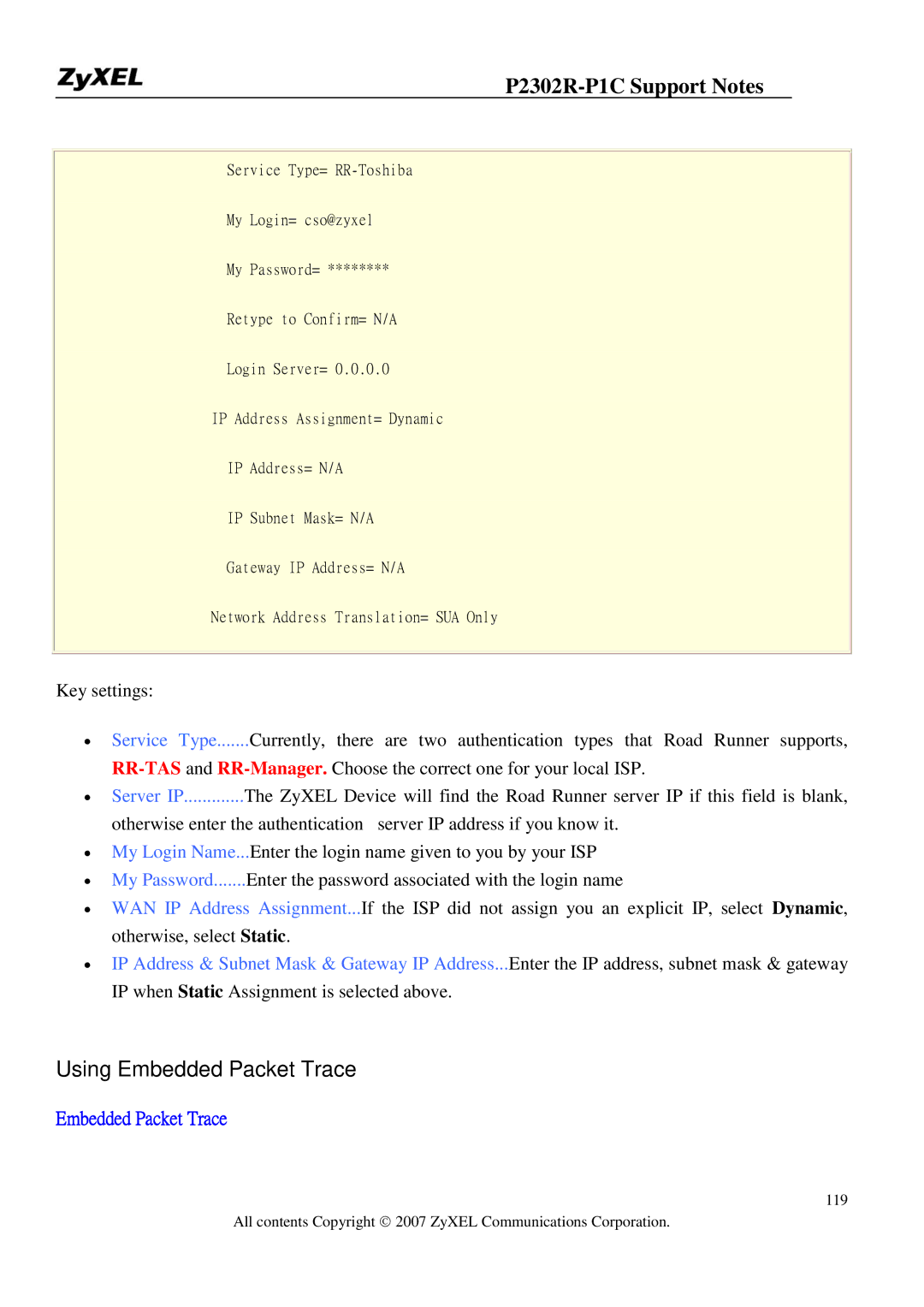 ZyXEL Communications P-2302R-P1C manual Using Embedded Packet Trace 