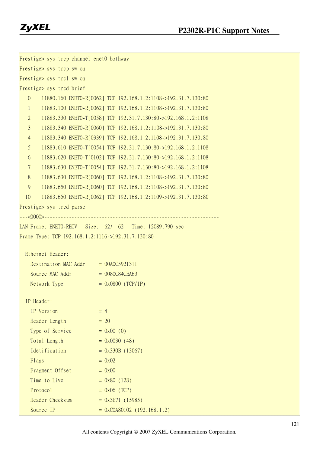 ZyXEL Communications P-2302R-P1C manual Header Checksum = 0x3E71 Source IP = 0xC0A80102 