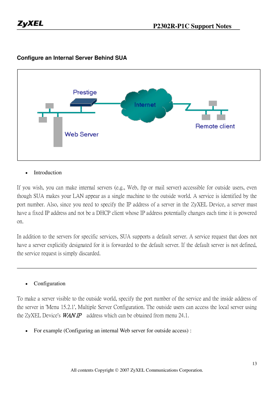 ZyXEL Communications P-2302R-P1C manual Configure an Internal Server Behind SUA, ∙ Introduction, ∙ Configuration 