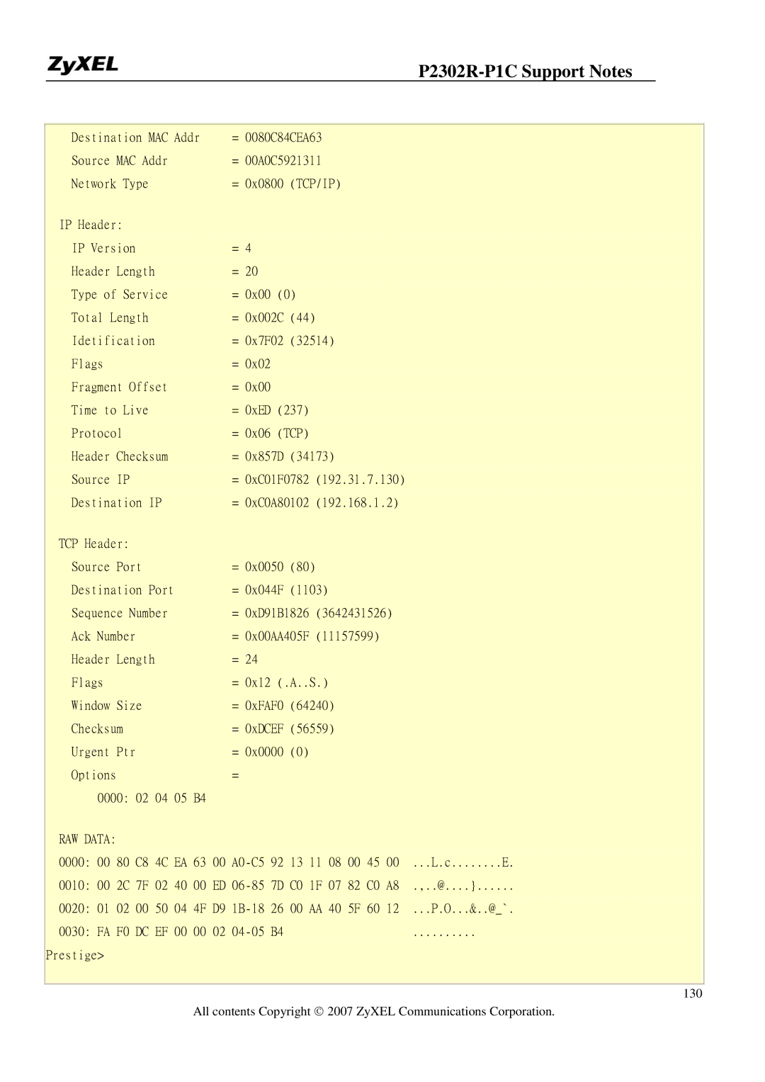 ZyXEL Communications P-2302R-P1C manual 0000 80 C8 A0-C5 0010 0020 1B-18 FA F0 04-05 Prestige 