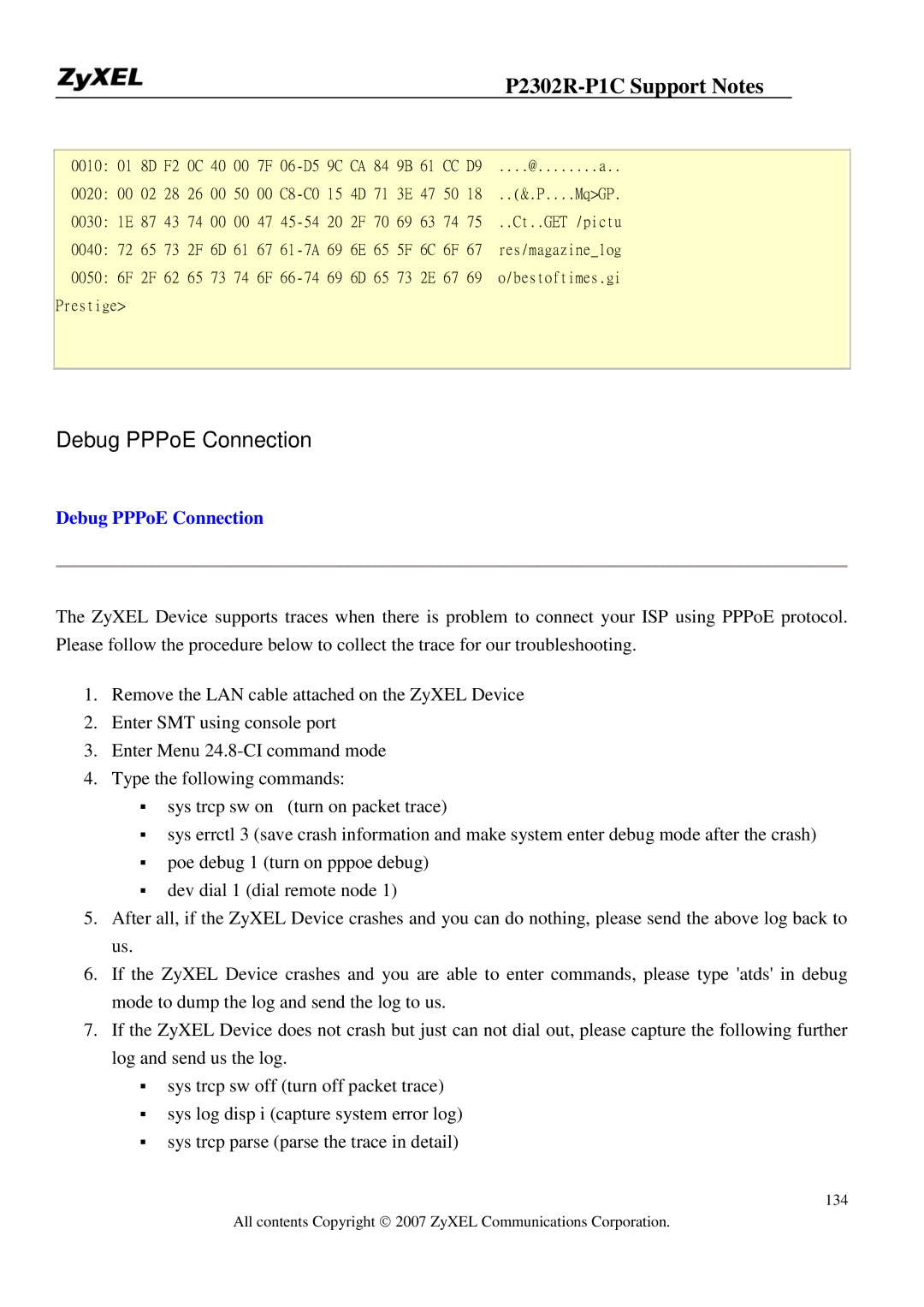 ZyXEL Communications P-2302R-P1C manual Debug PPPoE Connection 