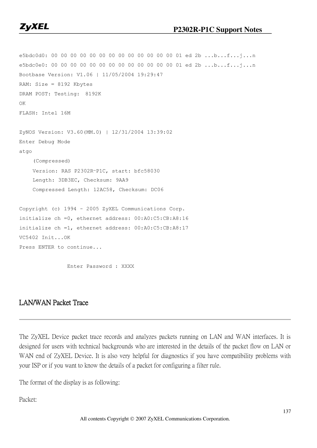 ZyXEL Communications P-2302R-P1C manual LAN/WAN Packet Trace 