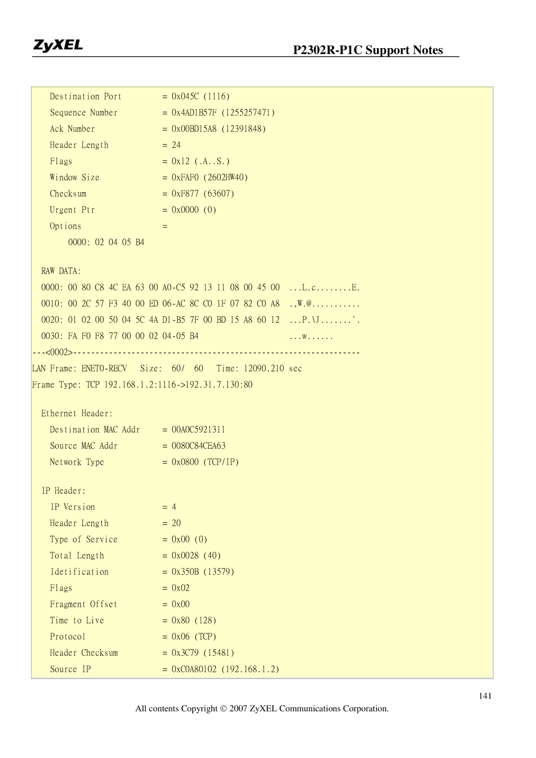 ZyXEL Communications P-2302R-P1C manual Header Checksum = 0x3C79 Source IP = 0xC0A80102 