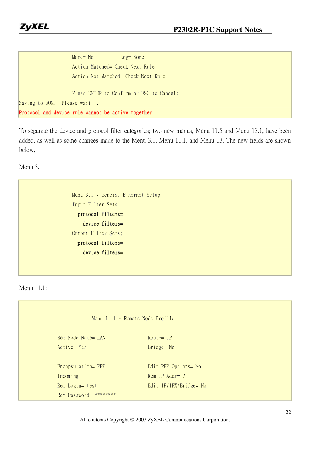 ZyXEL Communications P-2302R-P1C manual Protocol and device rule cannot be active together 