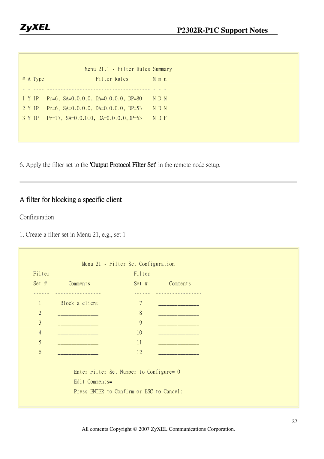ZyXEL Communications P-2302R-P1C manual Filter for blocking a specific client 