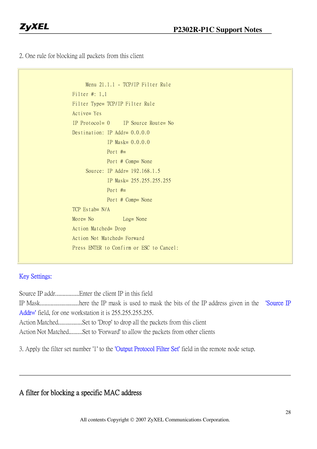 ZyXEL Communications P-2302R-P1C manual Filter for blocking a specific MAC address 