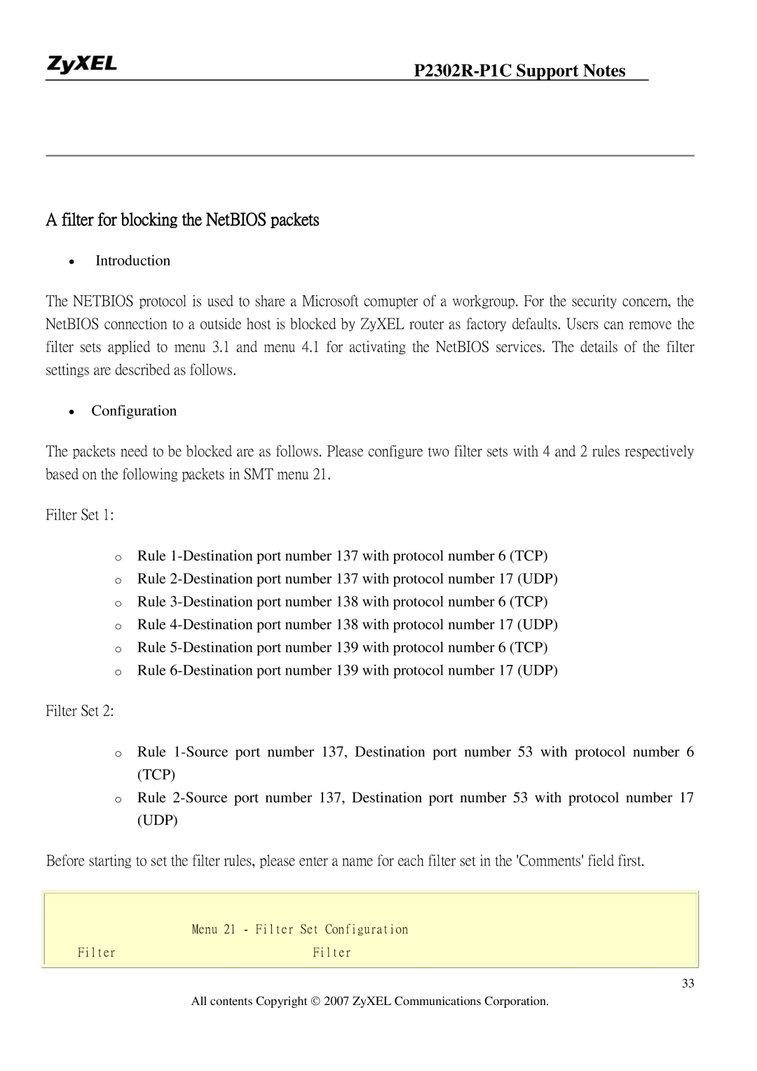 ZyXEL Communications P-2302R-P1C manual Filter for blocking the NetBIOS packets 